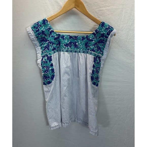 J Marie Blue Striped Embroidered Floral Top Sleeveless Size L Cotton Boho - Picture 2 of 9